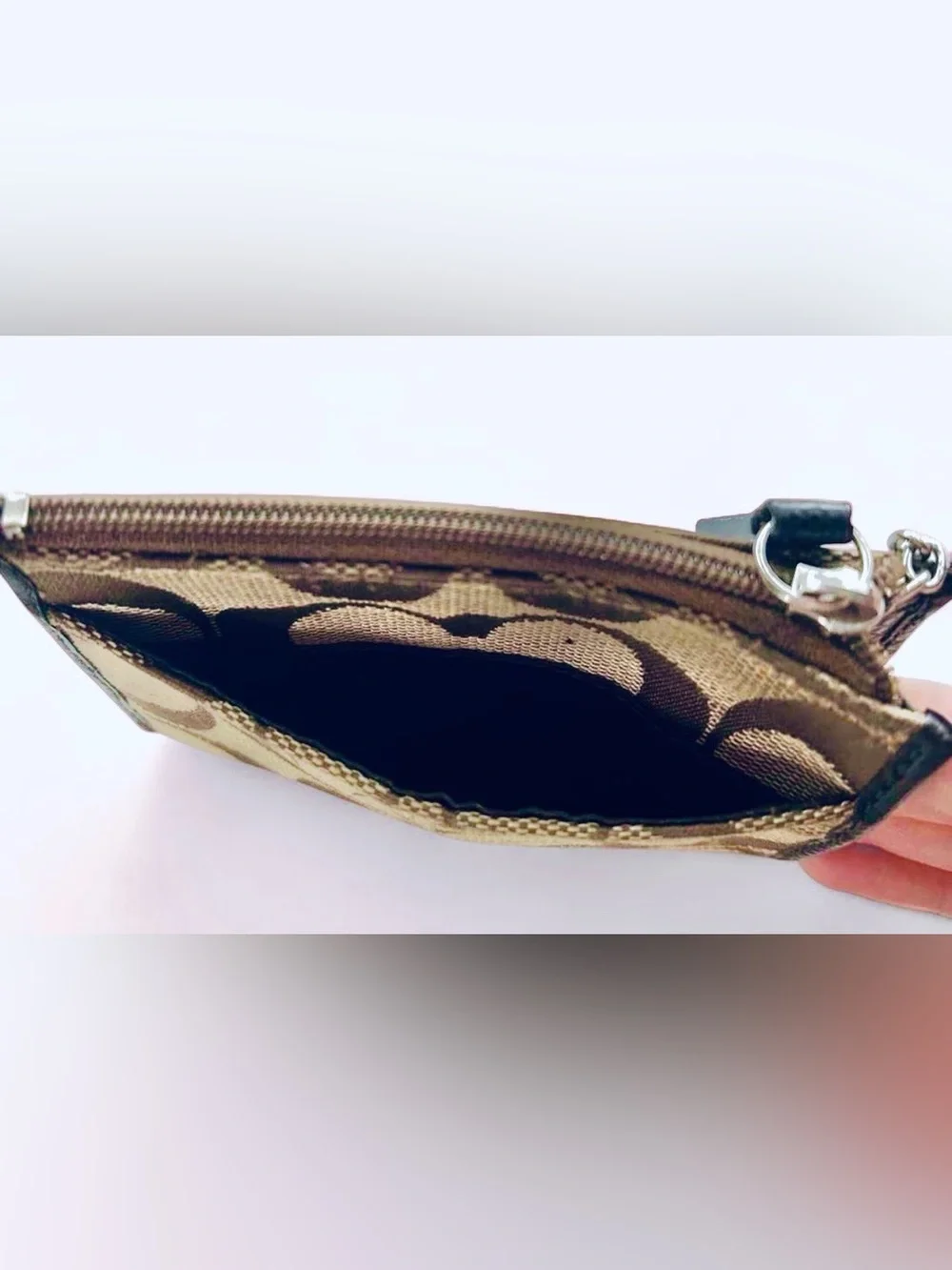 Coach Vintage Signature Jacquard Zip Card Purse Keyring Brown/Tan, Like New